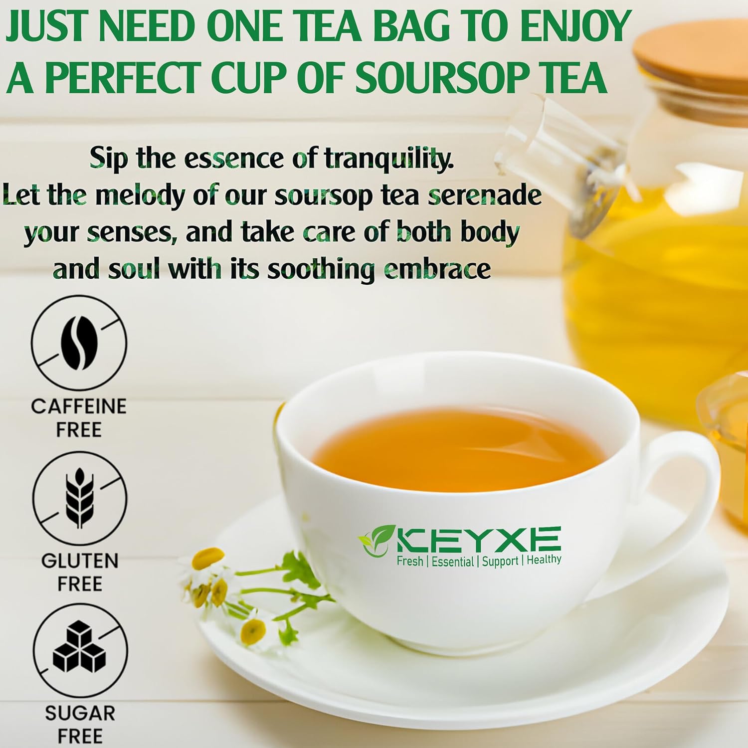 KEYXE - Soursop Tea 90 Bags. Non-GMO Verified , 100% Natural and Pure from Soursop Leaves, Handmade, Gluten Free, Caffein Free , Graviola Leaves Tea, Hoja Guanabana Tea , Natural Digestion Support, Nutrient-Rich