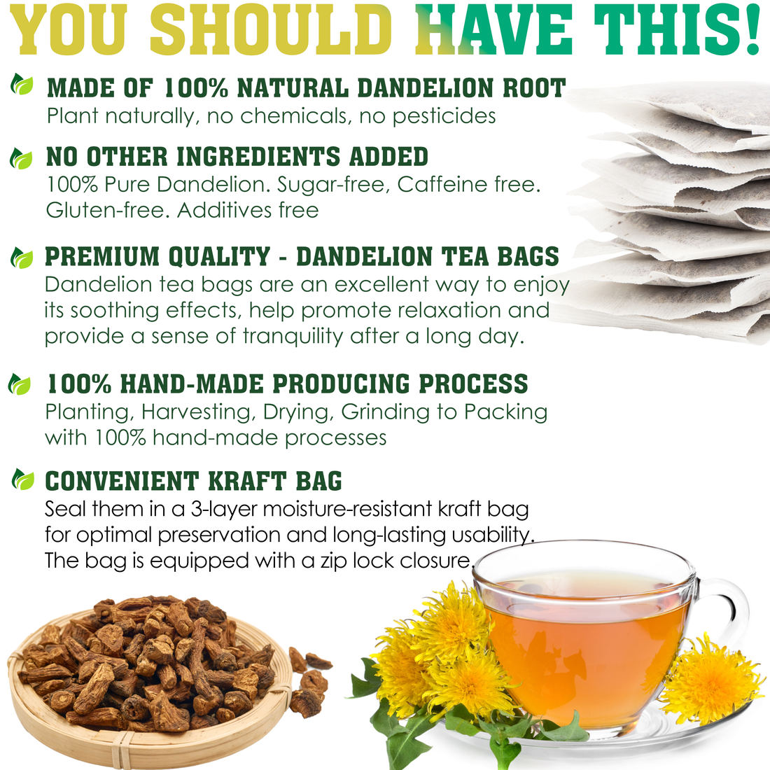 (60 Bags) Dandelion Root Tea, 100% Natural & Pure from Dandelion Root, Eco-Conscious Tea Bags, Dandelion Tea, No Sugar, No Caffeine, No Gluten