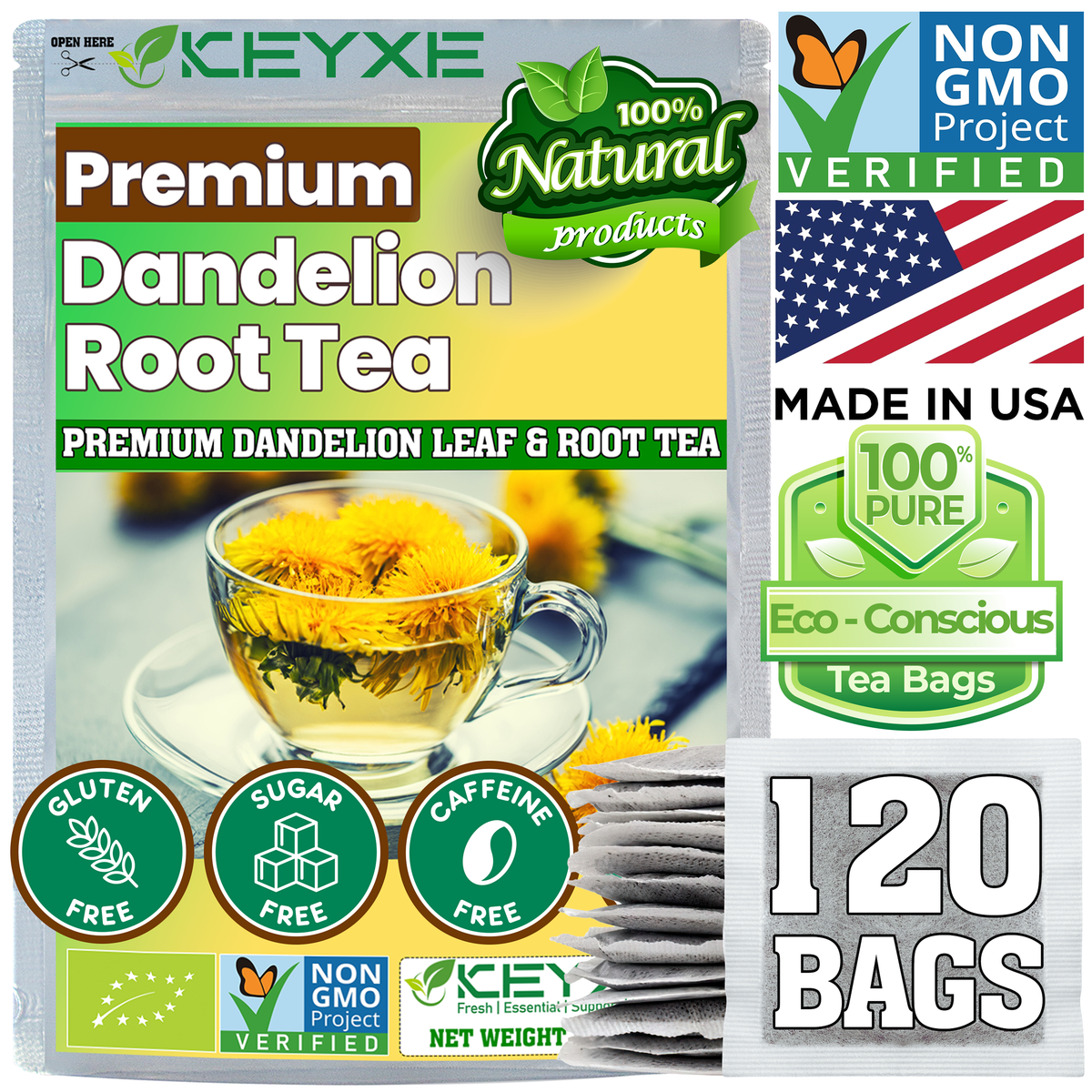 (120 Bags) Dandelion Root Tea, 100% Natural & Pure from Dandelion Root, Eco-Conscious Tea Bags, Dandelion Tea. No Sugar, No Caffeine, No Gluten, Vegan