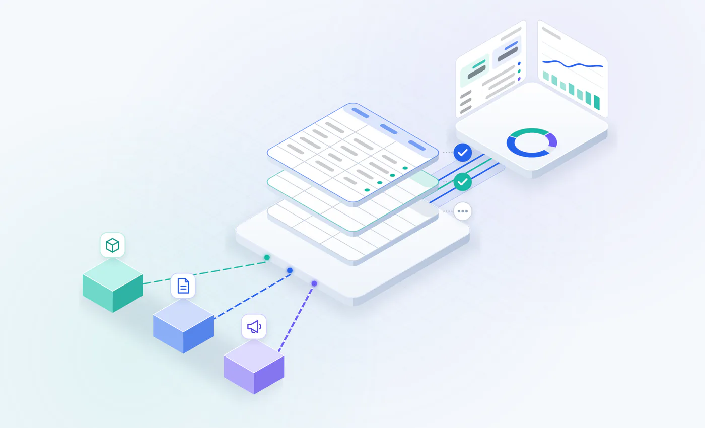 Illustration of source systems feeding validated, normalized tables that feed analytics views.