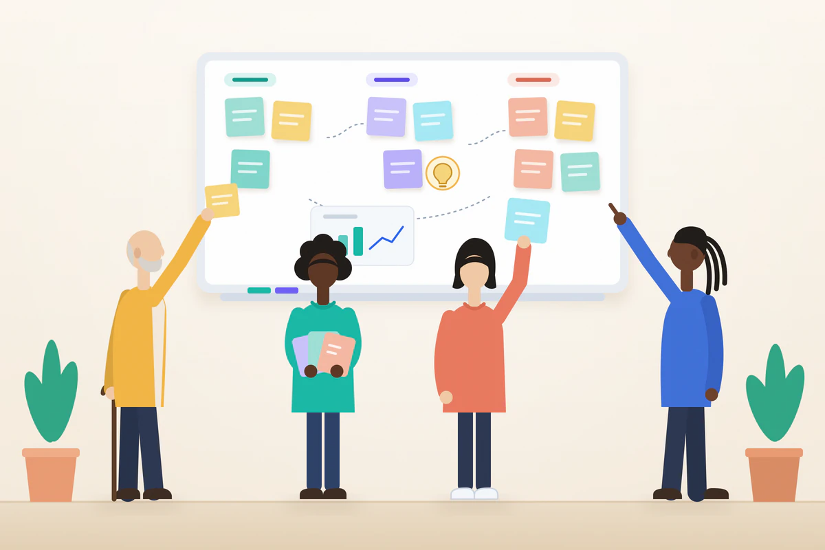 Illustration of people sharing idea cards around a board in a constructive discussion.