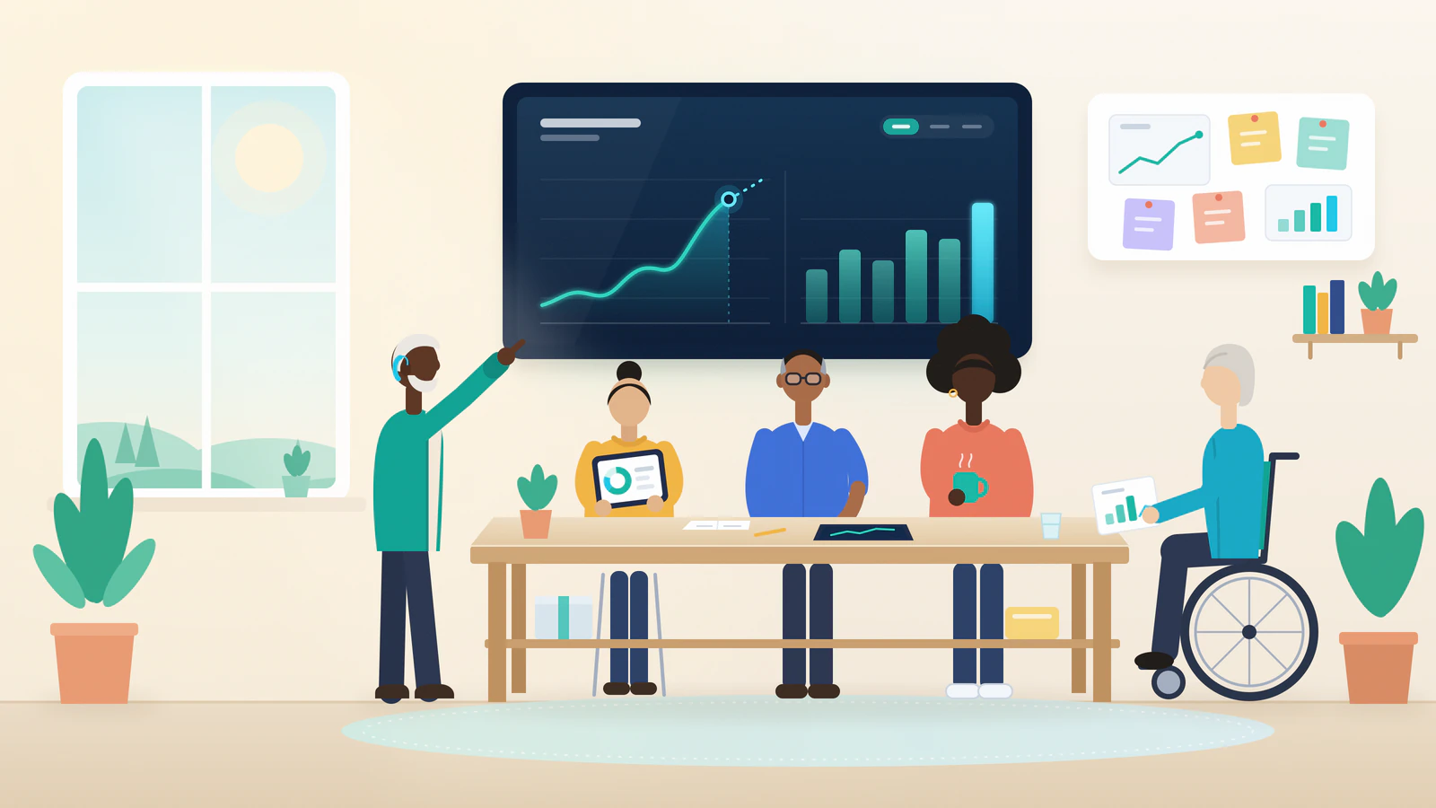Illustration of independent people of different ages and abilities interpreting simple charts together at a shared table.