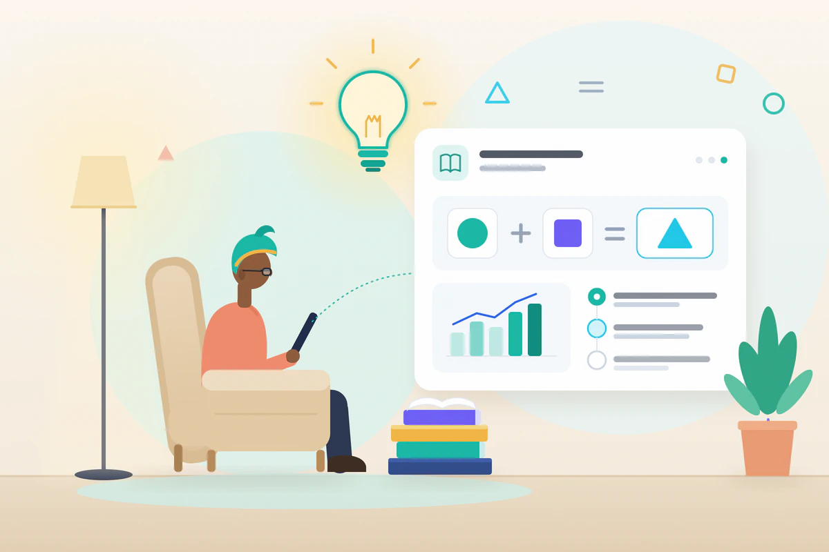 Illustration of a person learning from a guide, with simple chart and formula shapes.