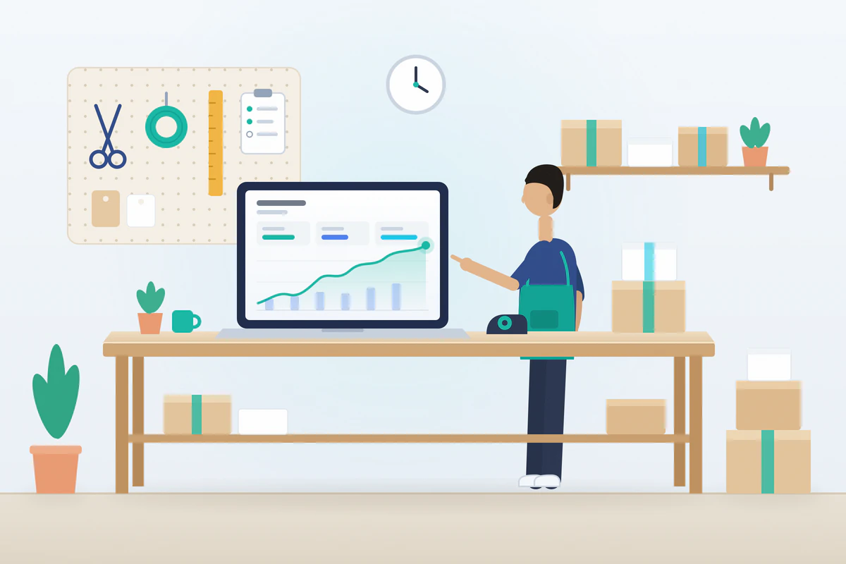 Illustration of an independent seller at a workbench with product boxes, reviewing a simple chart on a laptop.