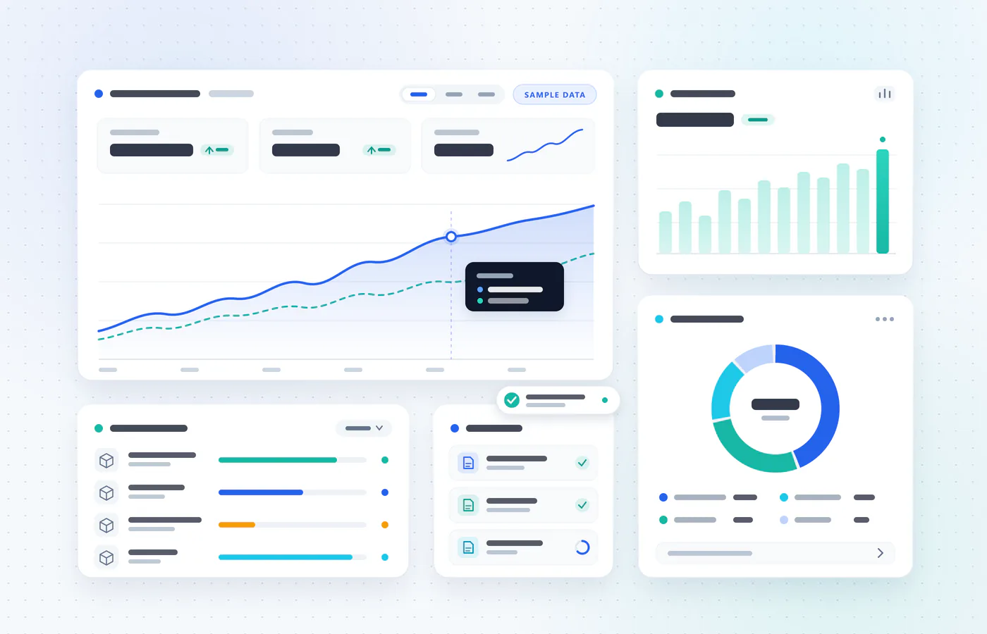 Illustration of seller analytics cards for sales, orders, inventory and reports, labeled as sample data.